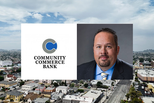 image of Community Commerce Bank logo with picture of Mike Lasher and East Los Angeles skyline in the background