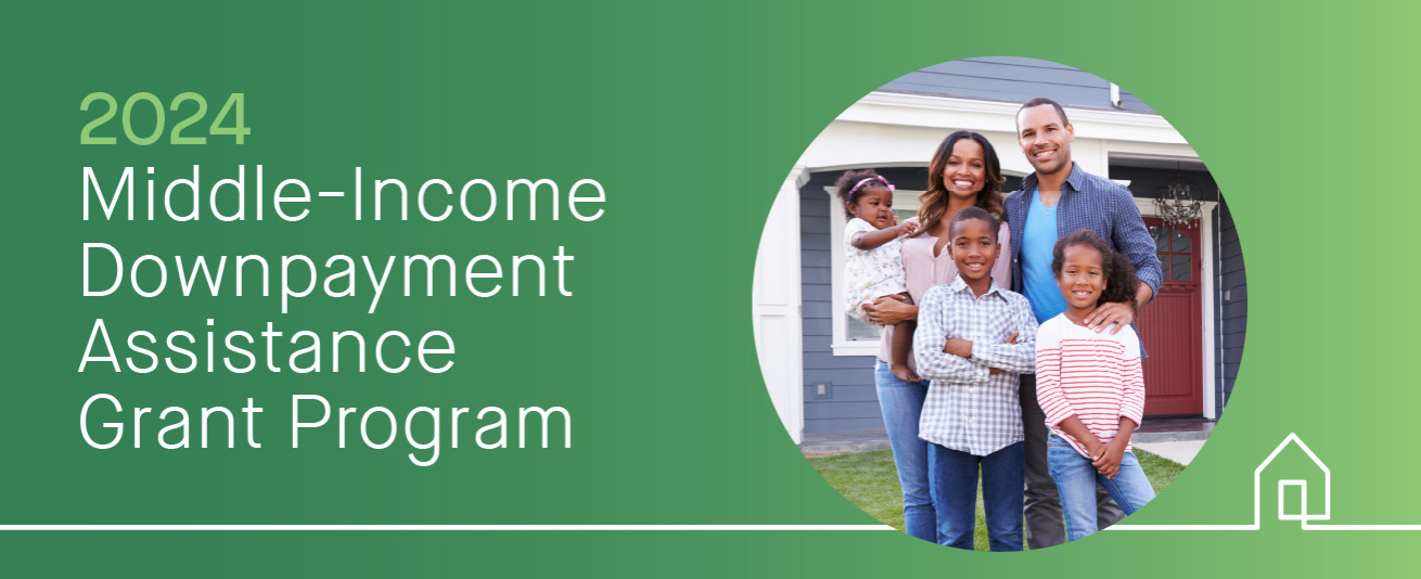 picture of Black African-American couple with a young son and daughter with copy, "2024 Middle-Income Downpayment Assistance Grant Program"